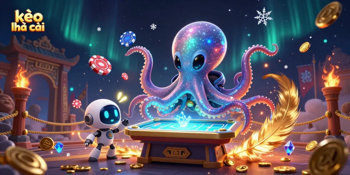 Engage with kèo nhà cái using a dynamic illustration of an alien octopus operating a holographic sports betting table.