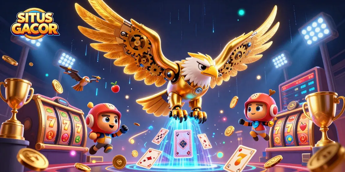 Engage in high-stakes play at SITUS GACOR, showcasing unique slot reels and golden trophies.