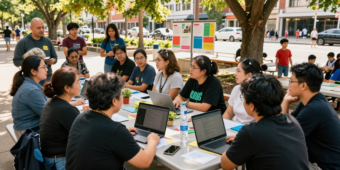 Community engagement at seanbowieforaz.com, diverse group collaborating in urban park.