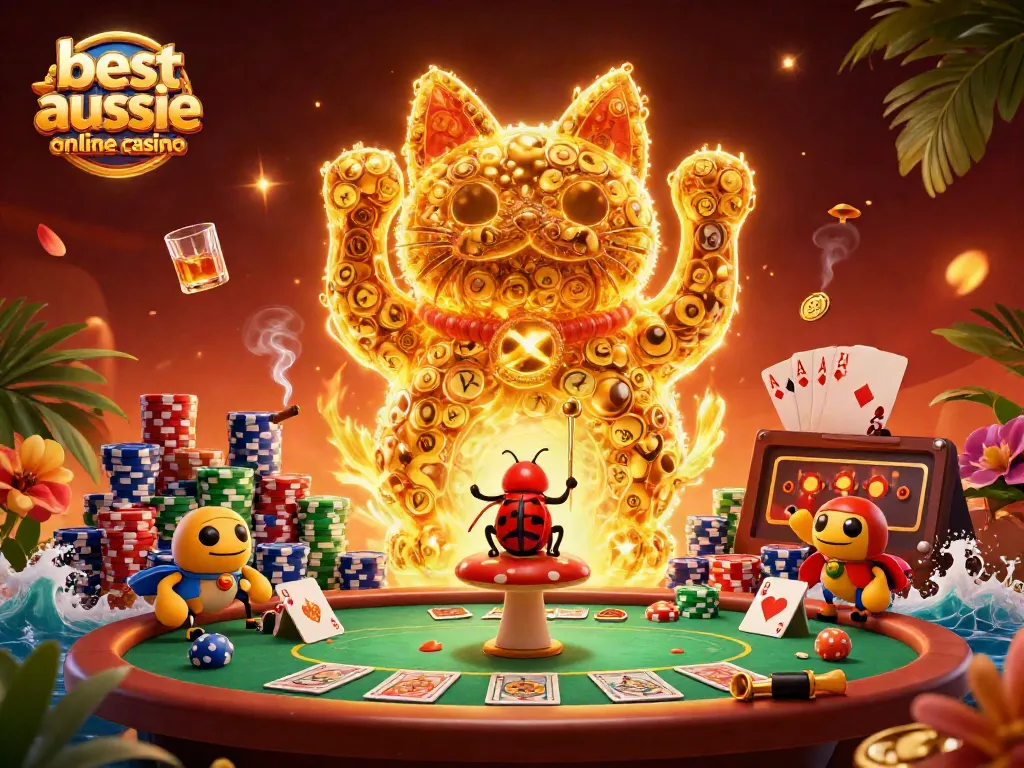 Play at the best aussie online casino with vibrant fireflies forming a lucky cat amidst poker elements.