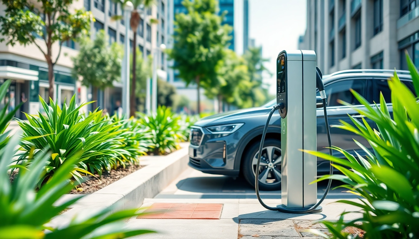 Opladen op 030laadpaal.nl, met moderne laadpaal en elektrische auto in een stedelijke omgeving.