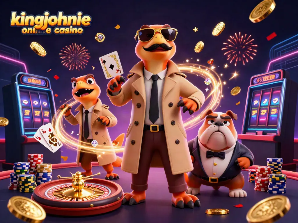 Experience the excitement of kingjohnnie online casino with raptors in a trench coat entering a VIP lounge.