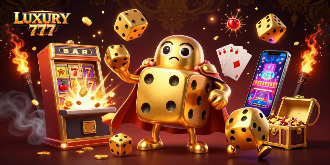 Mainkan LUXURY 777 di kasino virtual dengan dadu emas raksasa dan mesin slot meriah.