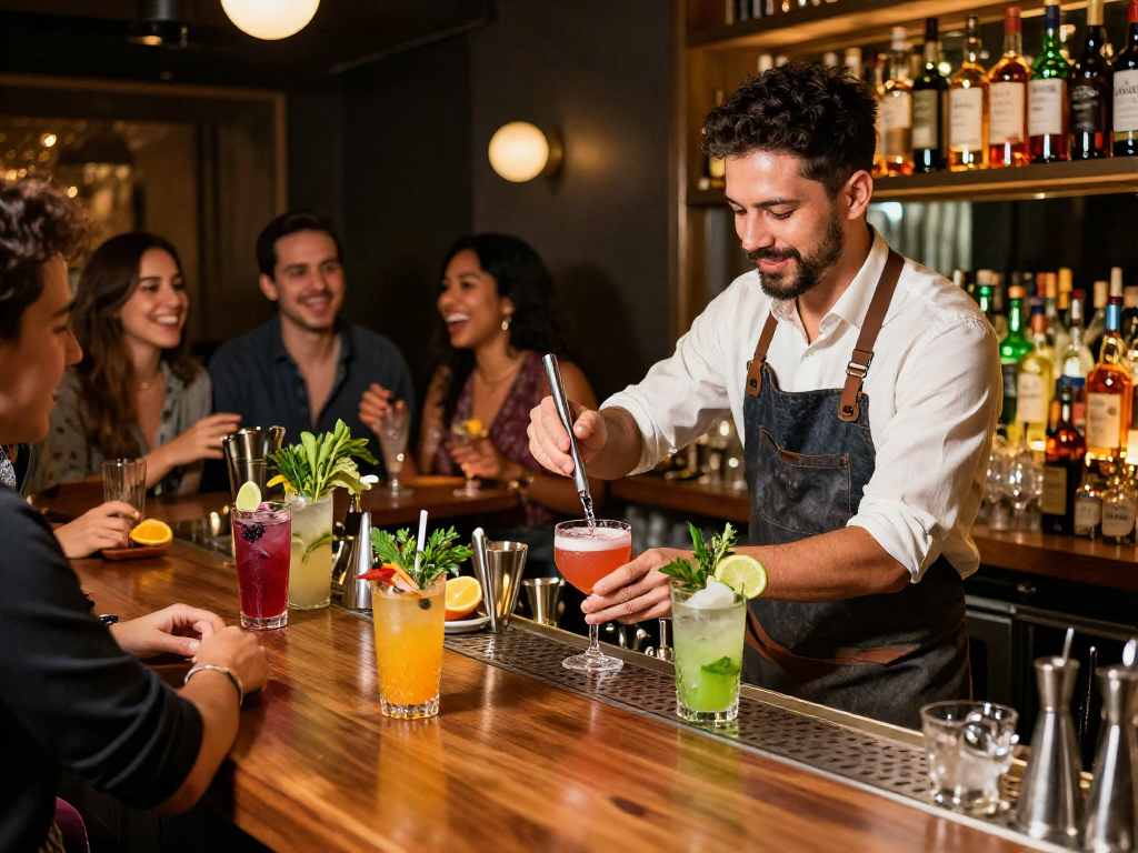 The best chuflay cocktail near me being expertly crafted by a bartender, showcasing vibrant ingredients and lively bar atmosphere.