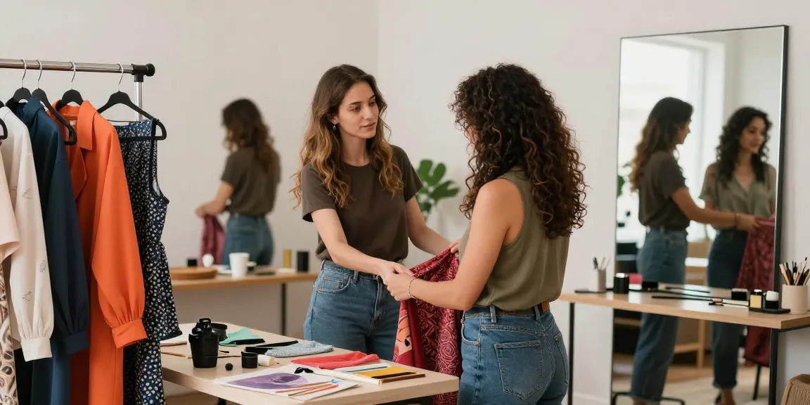 Consulente d'immagine aiuta un cliente a scegliere abiti per riscoprire il proprio stile e valore.