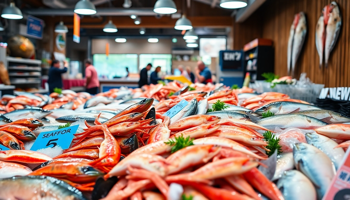 Showcasing premium seafood exporter products highlighting fresh fish, crabs, and shellfish in a vibrant market.