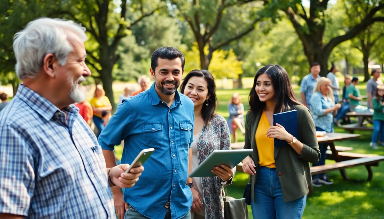 Residents actively participating in discussions at an NH community forum gathering in a park.