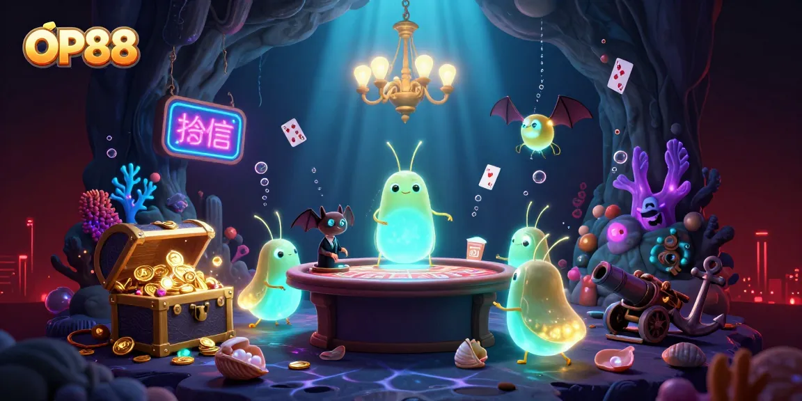 Watch OP88's glowworm dealer illuminate the casino experience underwater with dazzling golds and vibrant details.