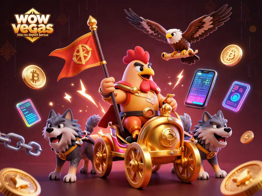 Get ready to explore WOW Vegas free SC no deposit bonus with this colorful 3D illustration featuring thrilling casino action and rewards.