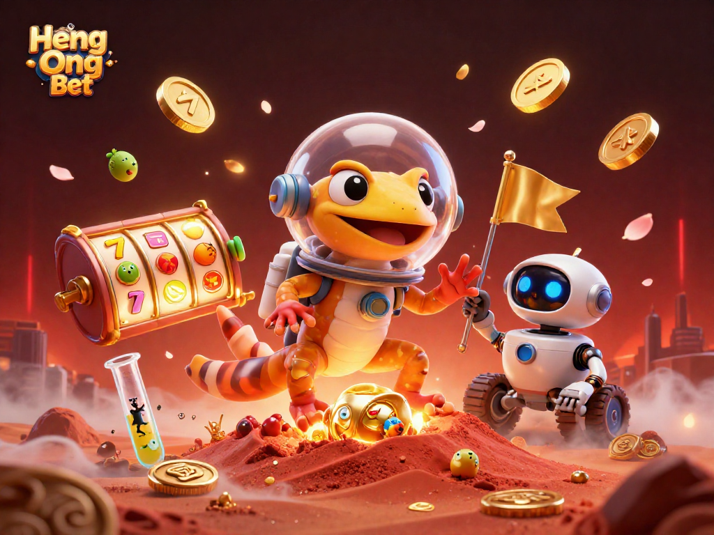 Spin reels and win big with Heng Ong Bet in a vibrant Martian casino setting featuring alien characters.