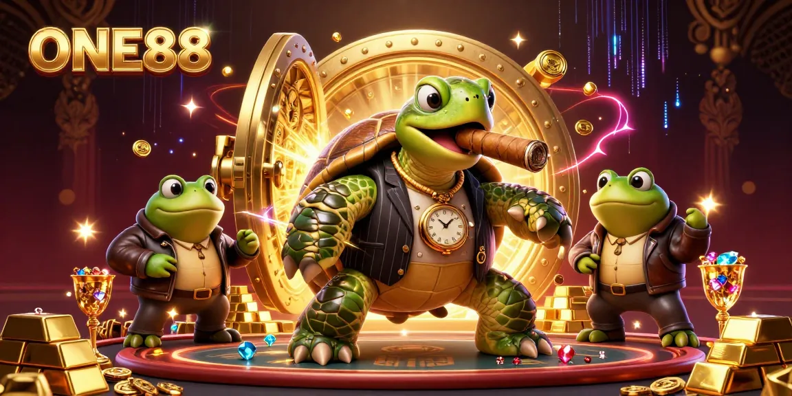 ONE88 showcases a cartoon turtle in a casino scene filled with treasure and excitement.