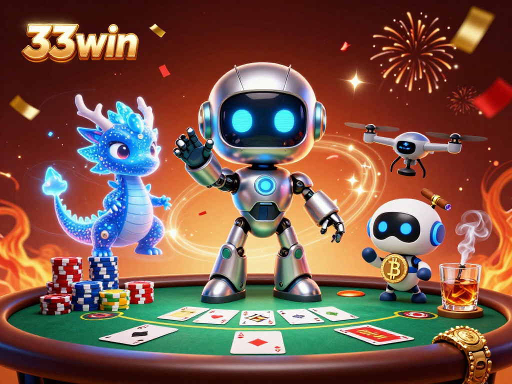 Experience high-stakes action with 33win's vibrant casino scene featuring poker elements and a cyberpunk robot mascot.