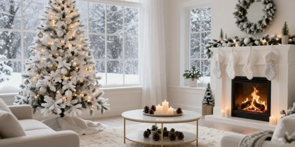 Stunning white Christmas tree adorned with silver ornaments in a cozy living room.