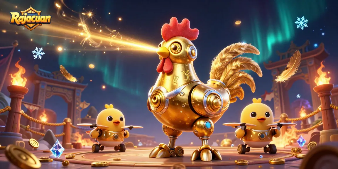 Rajacuan mempersembahkan arena perjudian yang mengesankan dengan robot ayam futuristik dan koin berkilau.