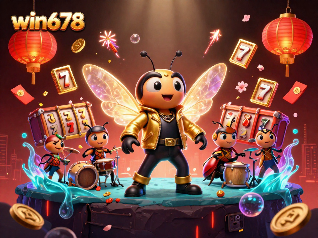 Win678 showcases a vibrant 3D illustration depicting a cartoon cicada rock star amidst dynamic casino elements.