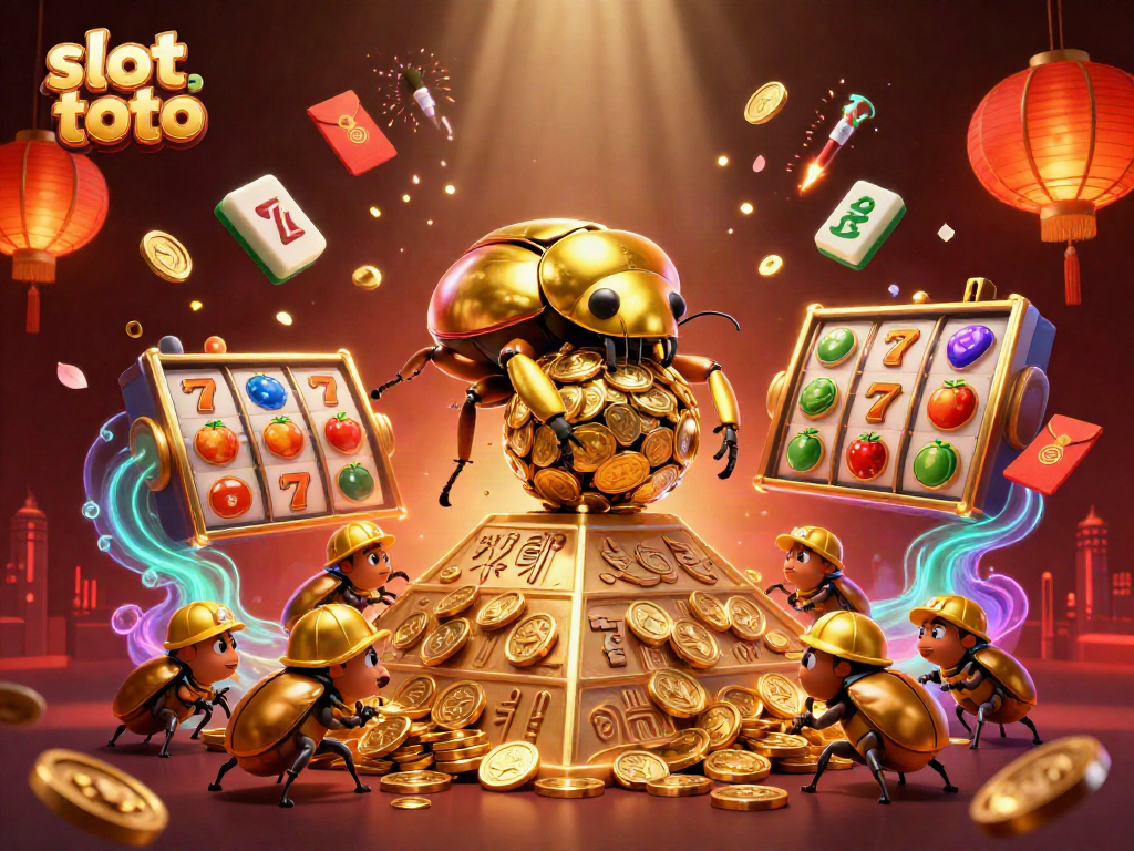 Engage in thrilling slot toto action amidst a vibrant scene of golden coins and colorful symbols.