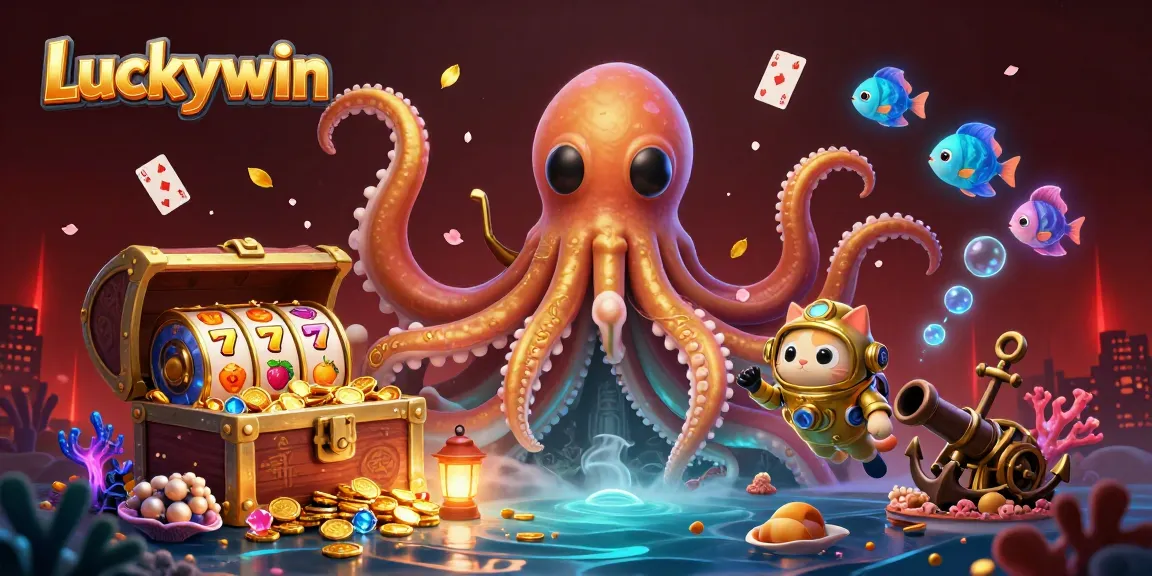 Engage in vibrant Luckywin gameplay with a lively kraken and diving cat amid a digital treasure trove.