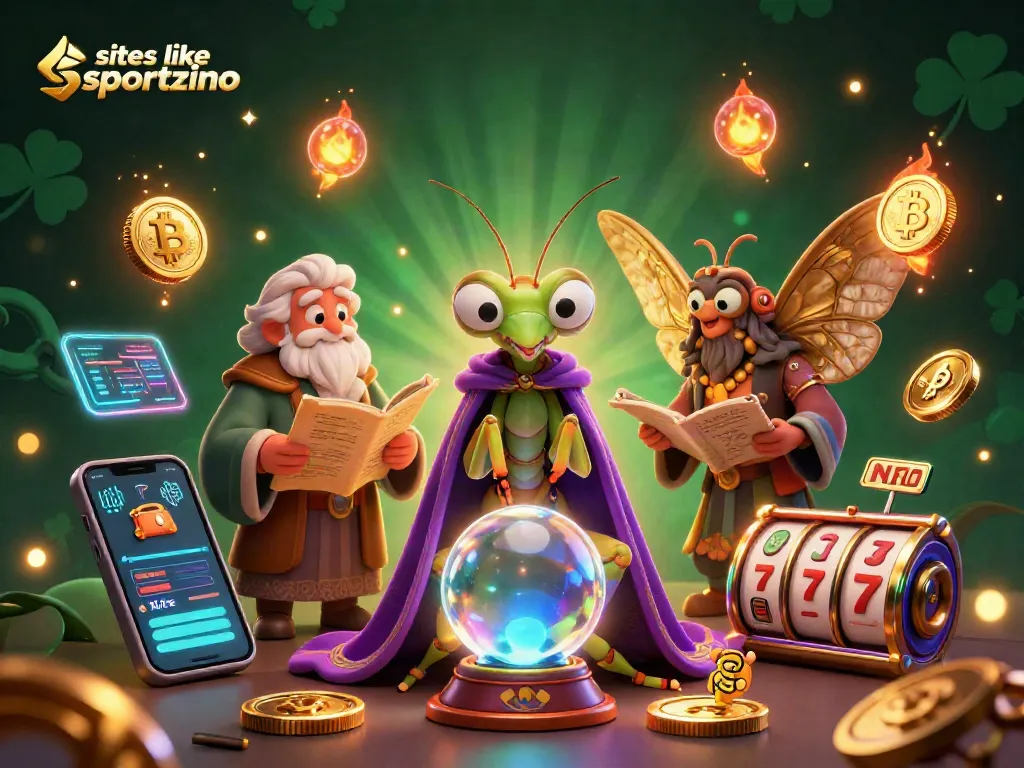 Engage with top sites like Sportzino through a vibrant casino scene featuring a fortune teller and ancient scrolls.