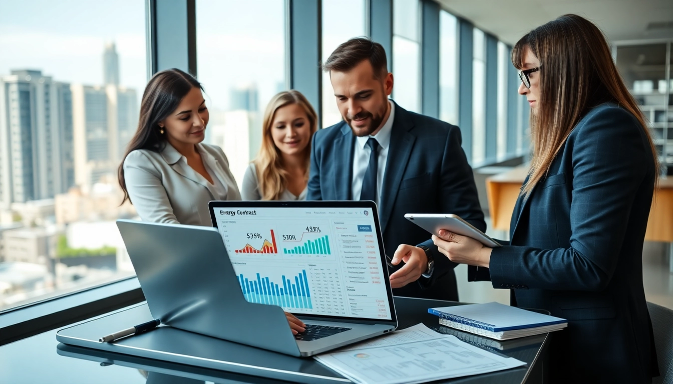 Business professionals discussing how to switch business energy supplier in a modern office.