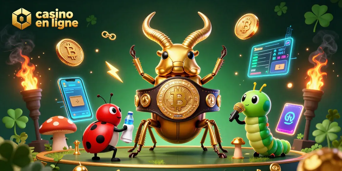 Illustration dynamique de casino en ligne avec un scarabée doré et des éléments crypto en 3D