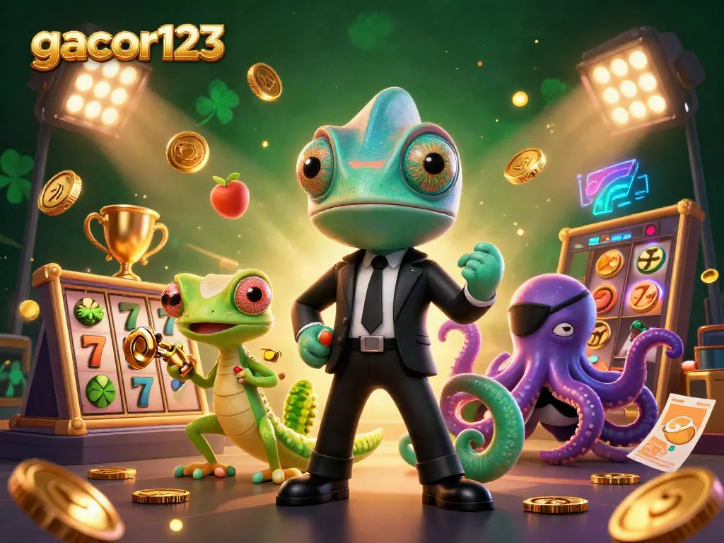 Experience thrilling wins at gacor123 with a dynamic 3D casino scene featuring colorful slot elements and playful characters.
