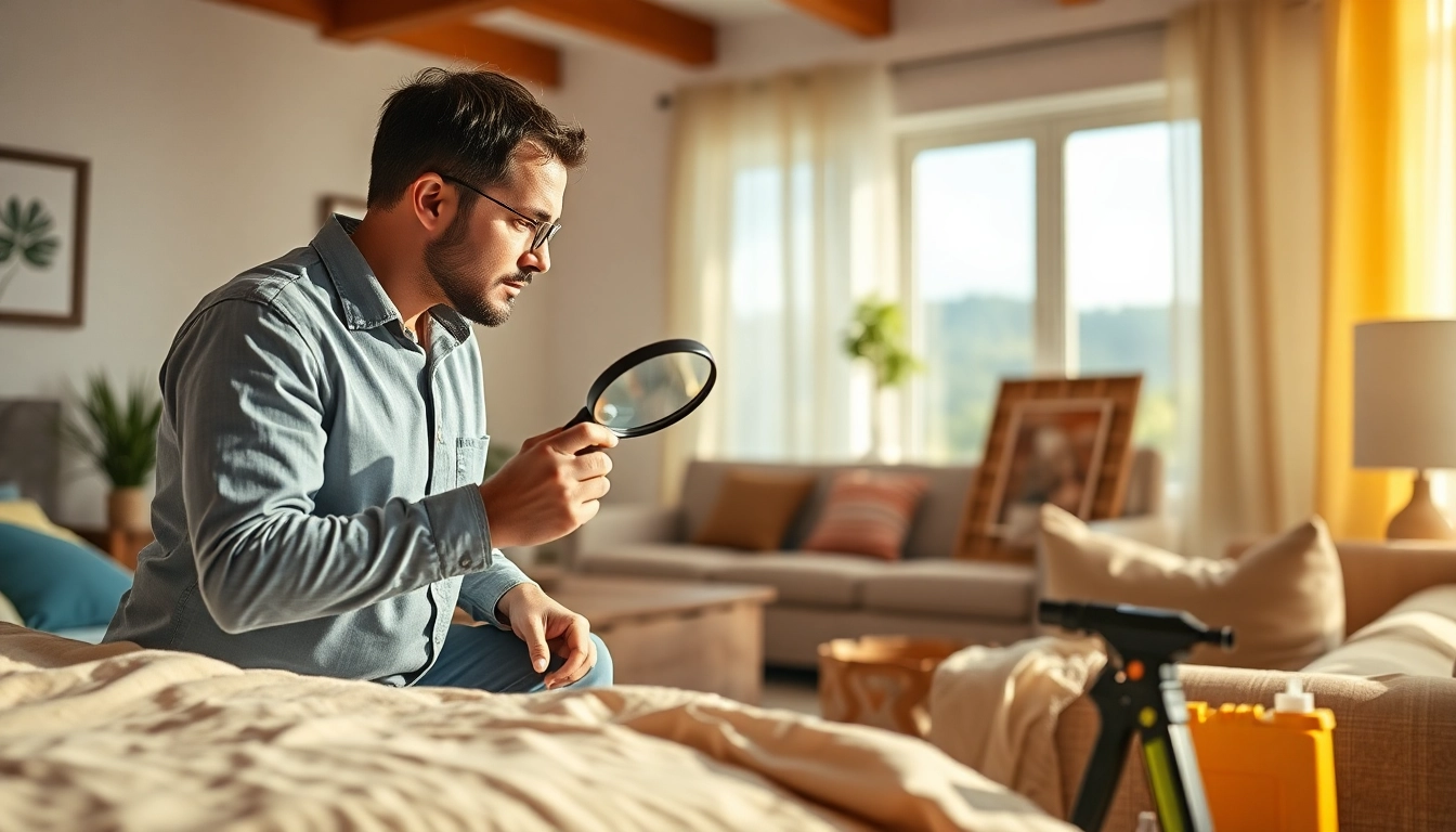 Bed bug exterminator inspecting a home for pests in a modern living room setting.
