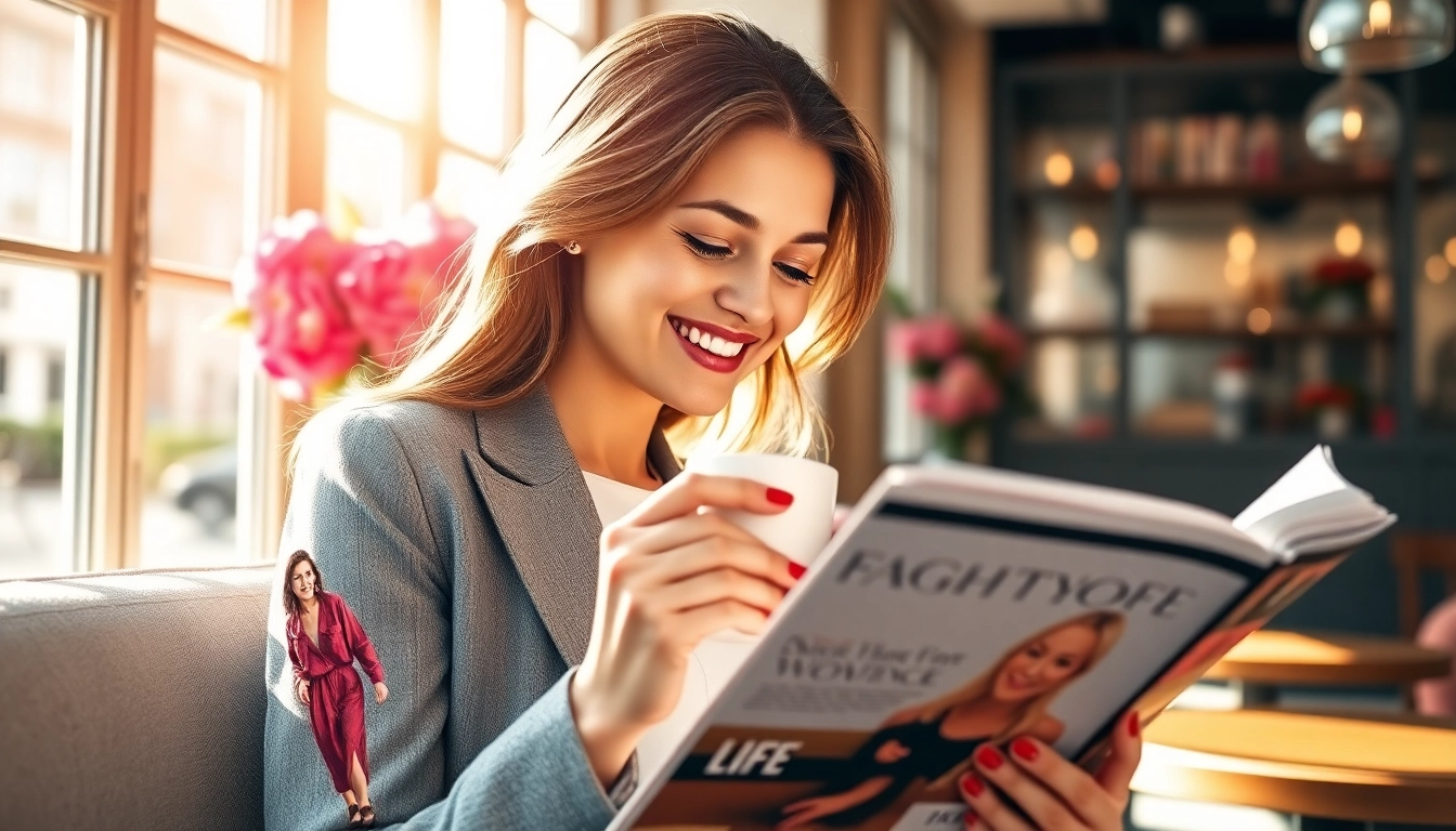 Lees over de trendy mode op dameswereld.be in een gezellige omgeving met een vrouw en een tijdschrift.