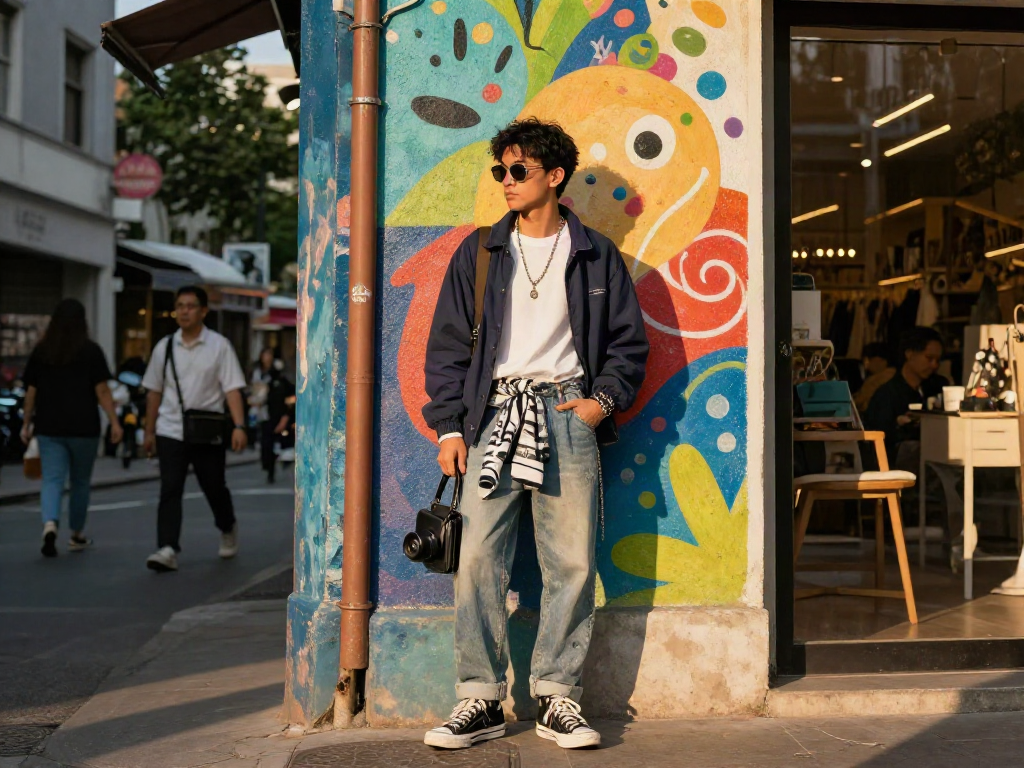 Stylish individual in trendy outfit discovering their celebrity look alike in an urban setting with vibrant mural background.