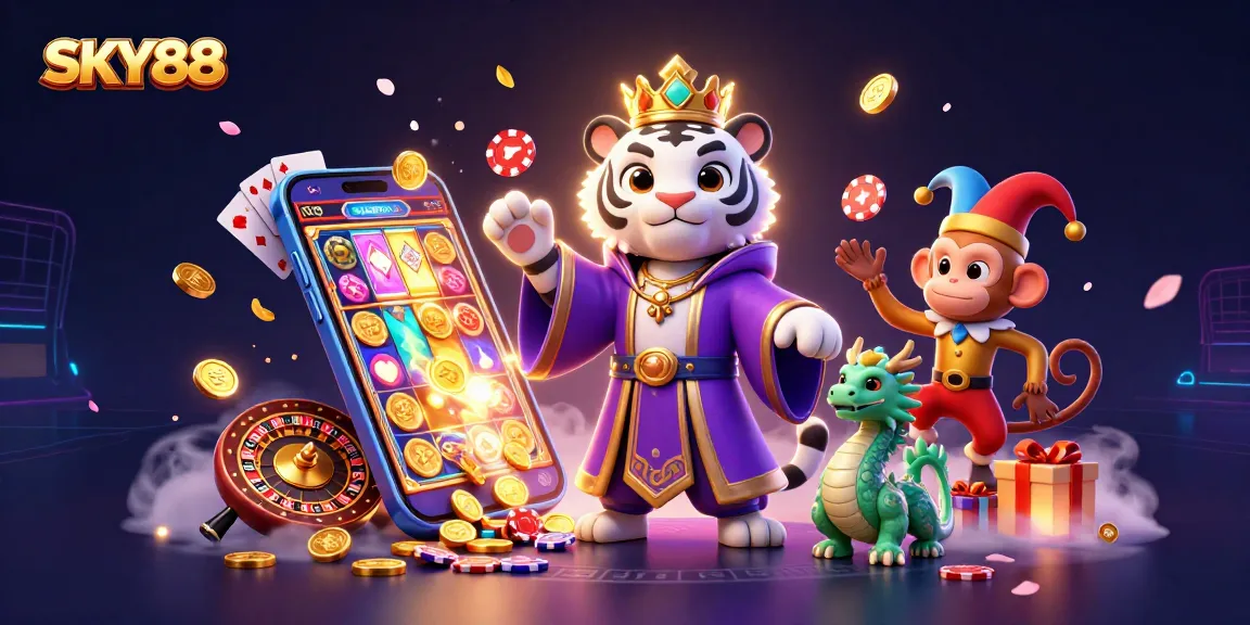 SKY88 brings excitement to life with a playful casino scene featuring iconic characters and games.