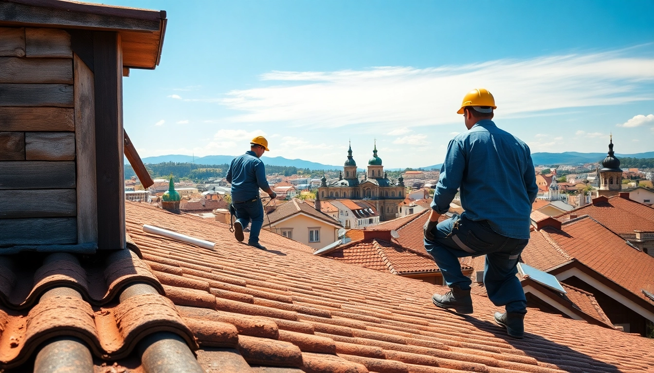 Expert кровельные работы в Сморгони being performed by skilled workers amidst a scenic backdrop.