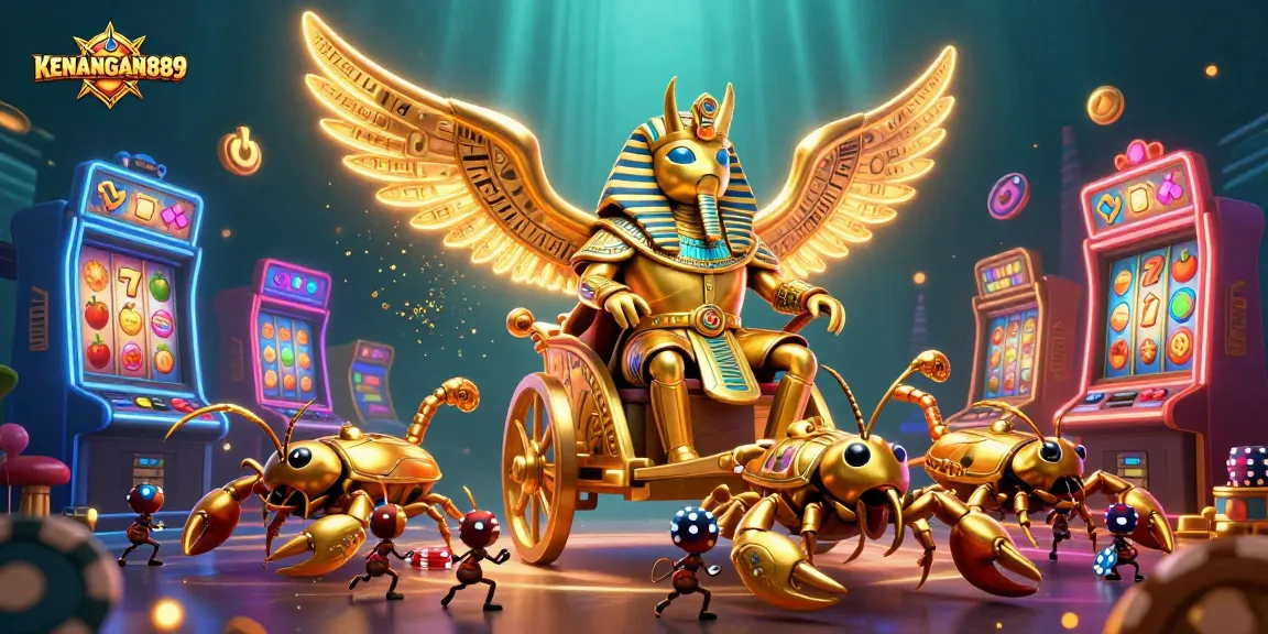 Experience thrilling slots with KENANGAN889's 3D golden scarab and scorpions amidst vibrant game elements.