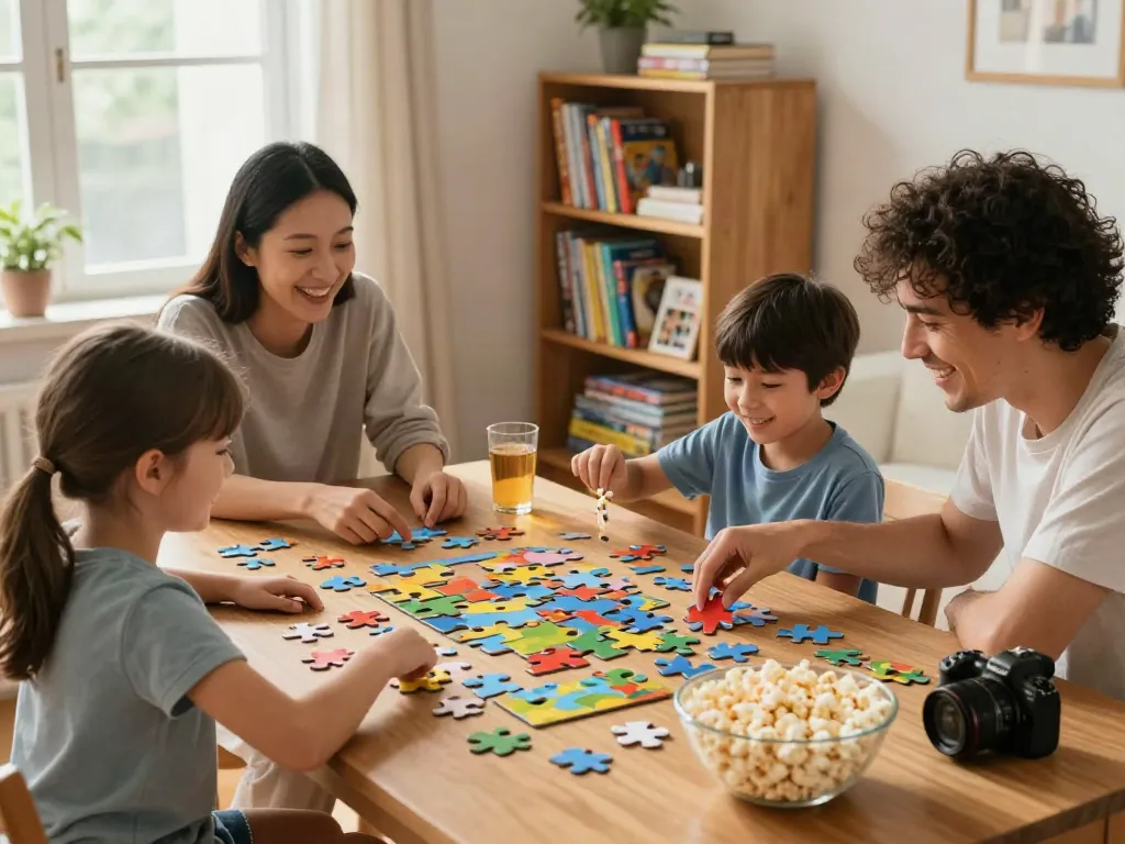 A family enjoying quality time playing puzzles together at home, reflecting the engaging spirit of puzzora.net.