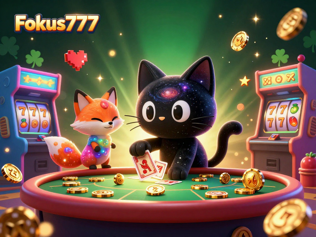 Engaging cosmic casino scene featuring Fokus777, a black hole cat and nebula fox amidst slot reels and golden chips.