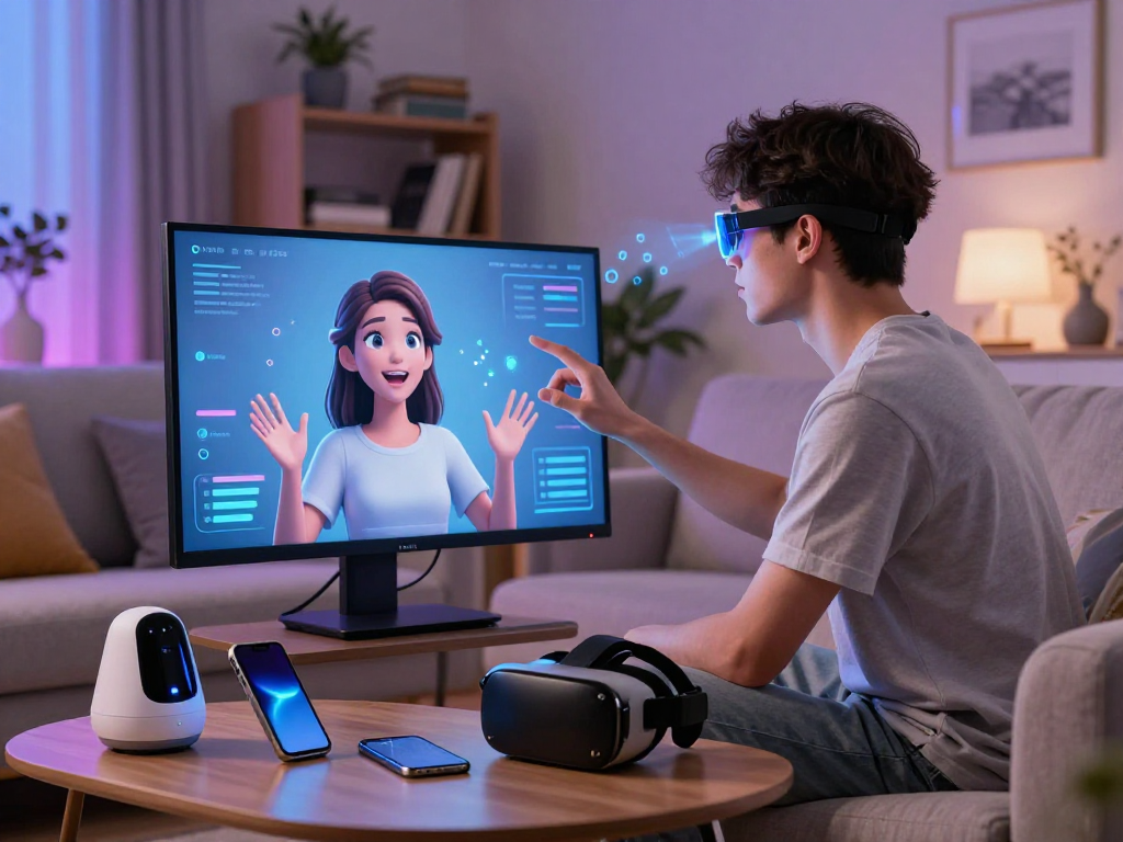Engaging scene of a user interacting with an AI girlfriend interface in a modern living room, showcasing technology integration.