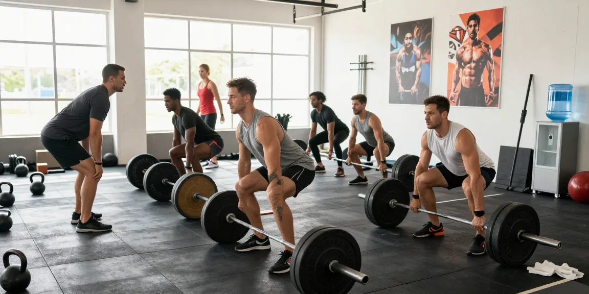 Men's gym clothes showcased in a vibrant gym scene with diverse workouts, emphasizing performance and comfort.