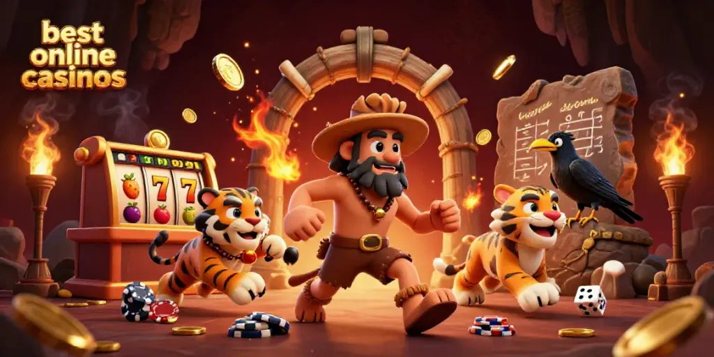 Exciting scene showcasing the best online casinos with cartoon caveman and tiger gambling in a stone setting, surrounded by dynamic slot reels and gold.