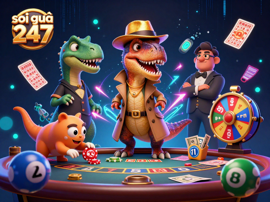Soi cầu 247 showcases a velociraptor card counter conspiring with casino elements, enhancing lottery excitement