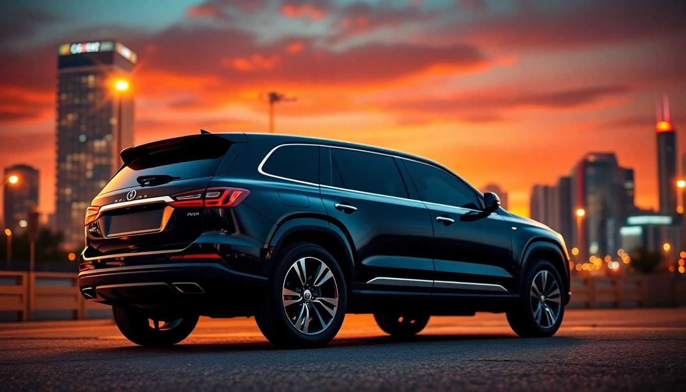 Experience the luxury of black SUV limo service RI against a stunning sunset backdrop.