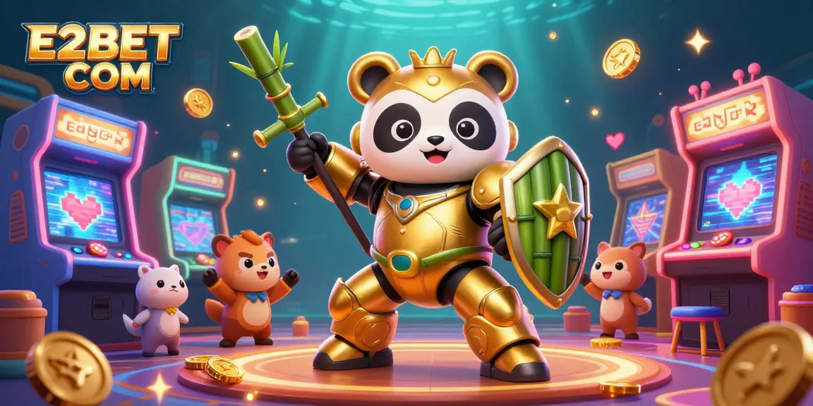 E2BET COM showcases an exhilarating casino adventure with cartoon characters and vibrant arcade games.