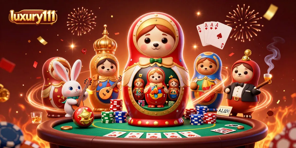 Place luxury111 bets with a lively scene of casino elements and festive characters in action.