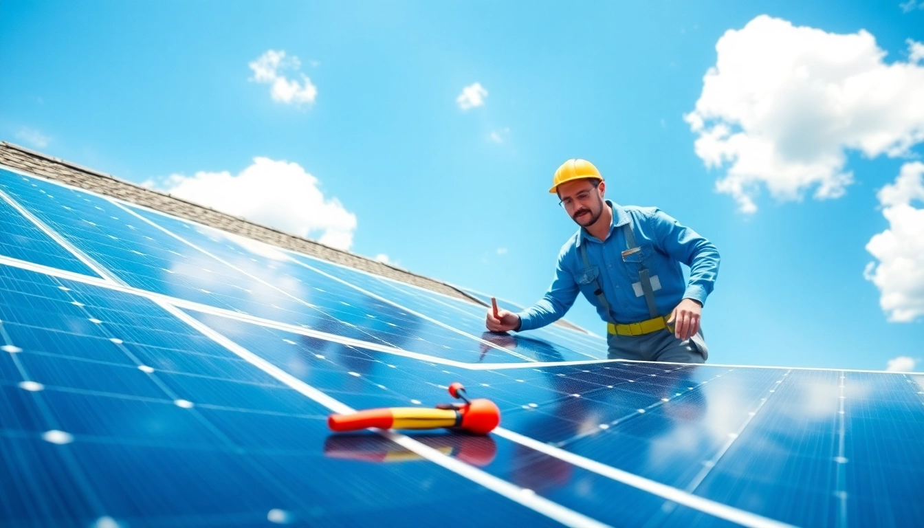 Technician performing solar panel repair New Jersey on a sunny day.