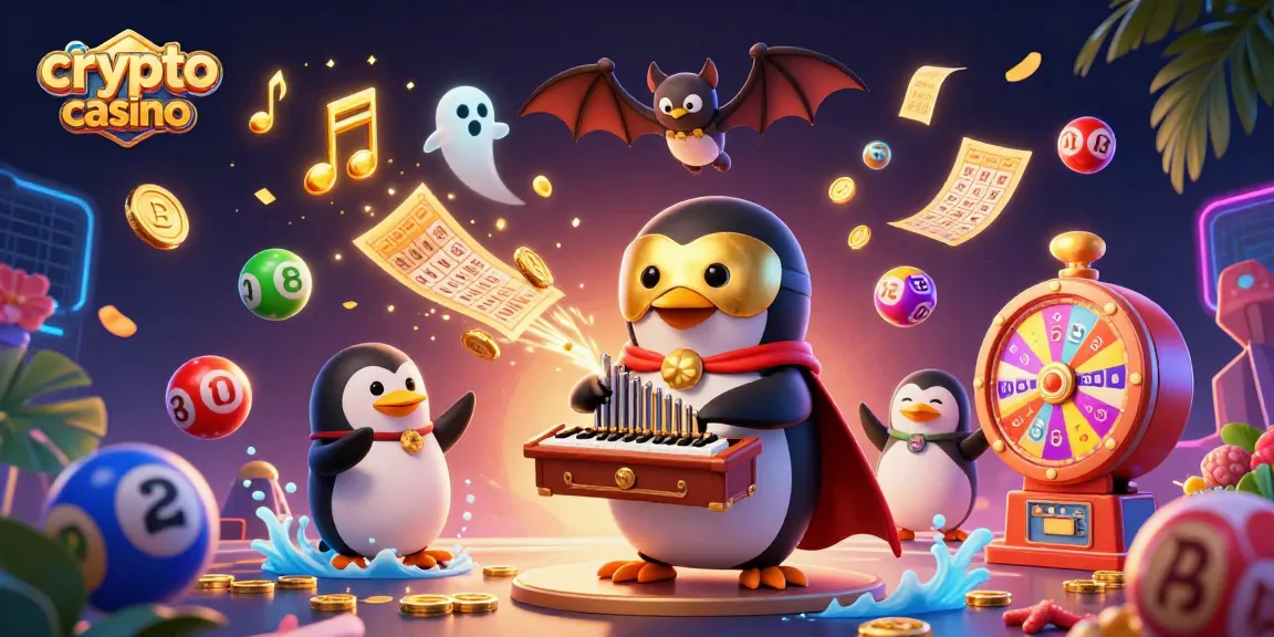 Un fantasma di pinguino in un crypto casino gioca all'organo che lancia monete d'oro.