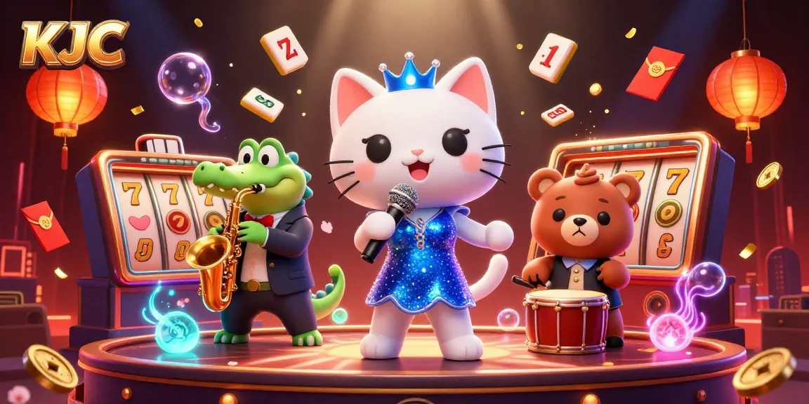 KJC online casino illustration featuring cartoon characters enjoying slot games amid vibrant casino elements.