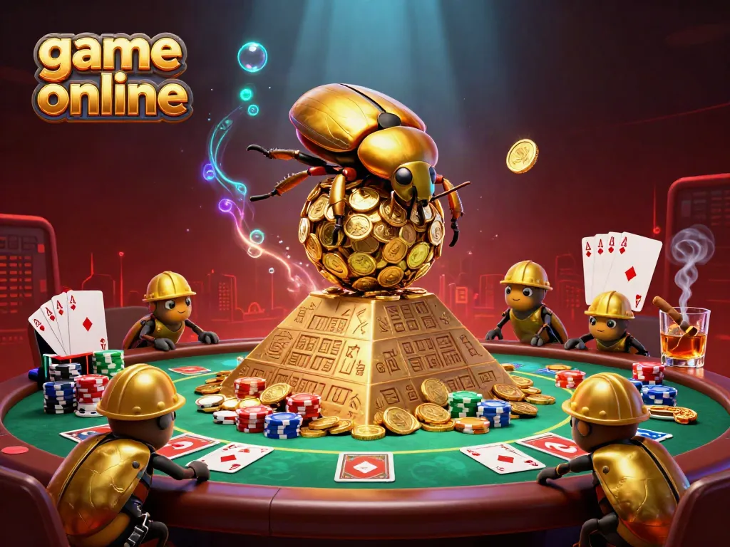 Engage with the exciting world of game online as a cartoon beetle rolls golden coins up a pyramid.