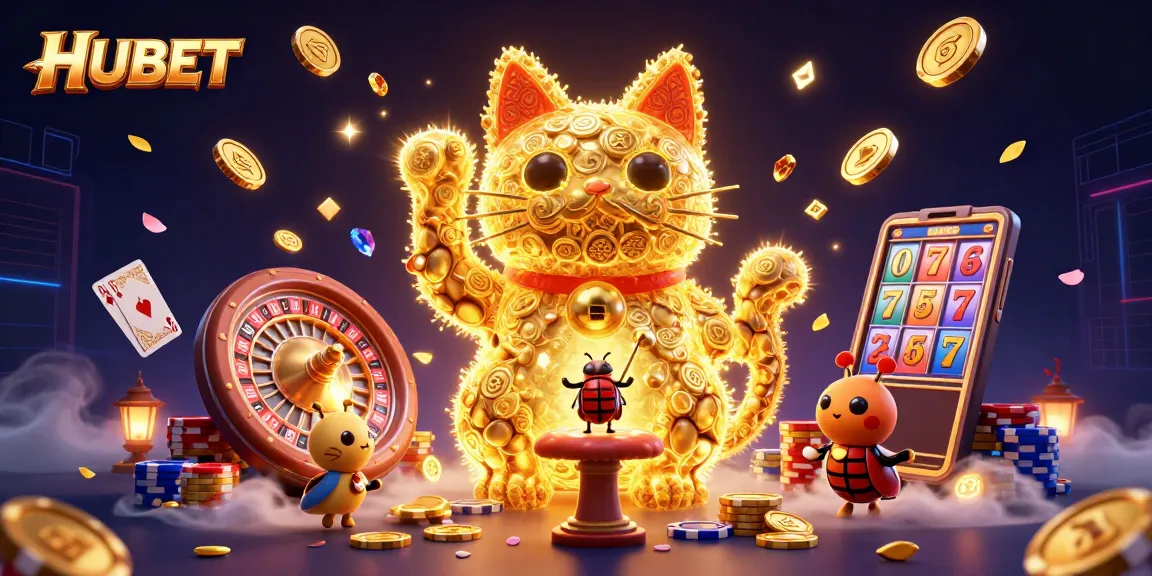 Experience HUBET's vibrant gaming world with a lucky cat and dynamic casino symbols.