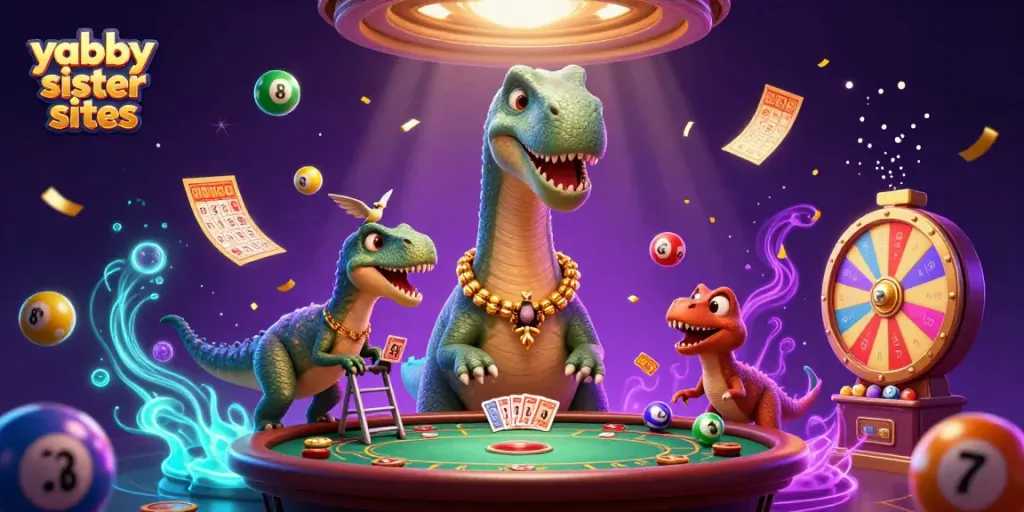 Engage with yabby sister sites through a vibrant 3D casino adventure featuring a whimsical brontosaurus.