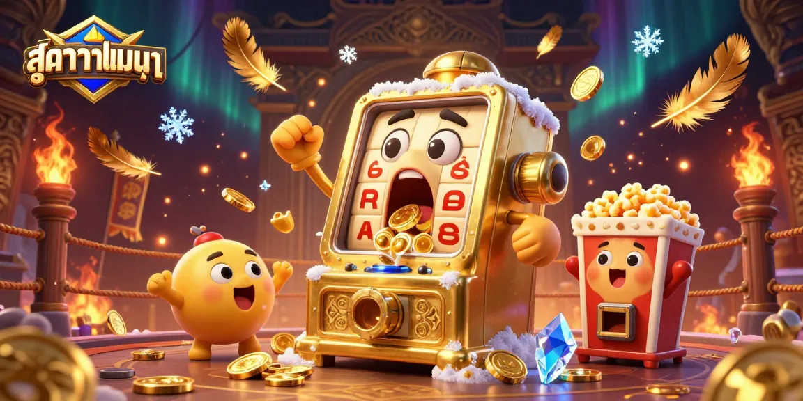 Spin to win with สูตรบาคาร่าแม่นๆ as a golden slot machine hits the jackpot, surrounded by cheering companions.