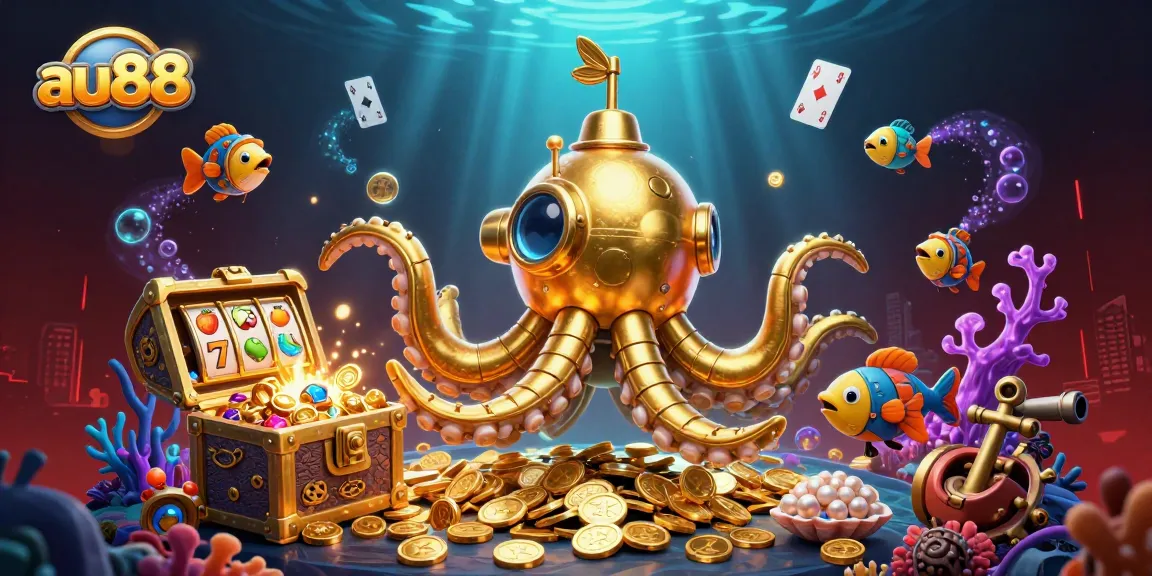 Engage with au88 as the golden kraken submarine explores vibrant winning slots and rich treasures.