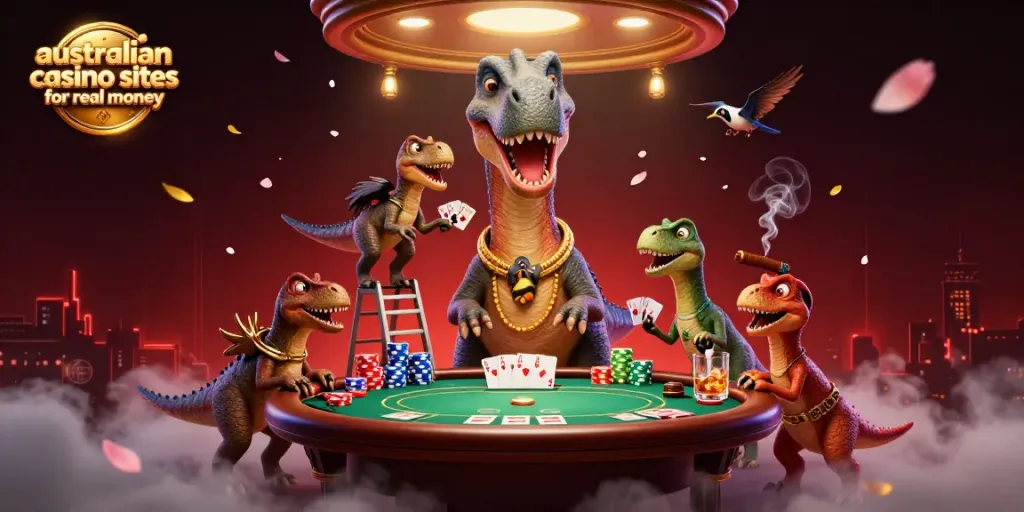 Engaging scene showcasing the playful interaction of a massive brontosaurus and clever raptor at an australian casino sites for real money.
