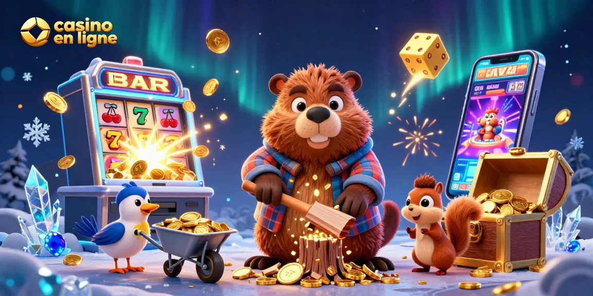 Jouez dans un casino en ligne avec une scène animée de personnages et de machines à sous.